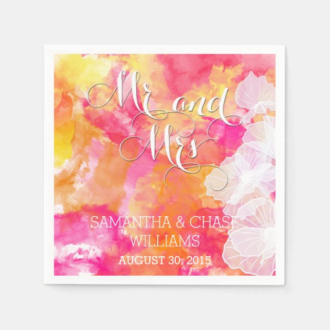 FIERY SUNSET WATERCOLOR HOLLYHOCK WEDDING NAPKIN (Front)
