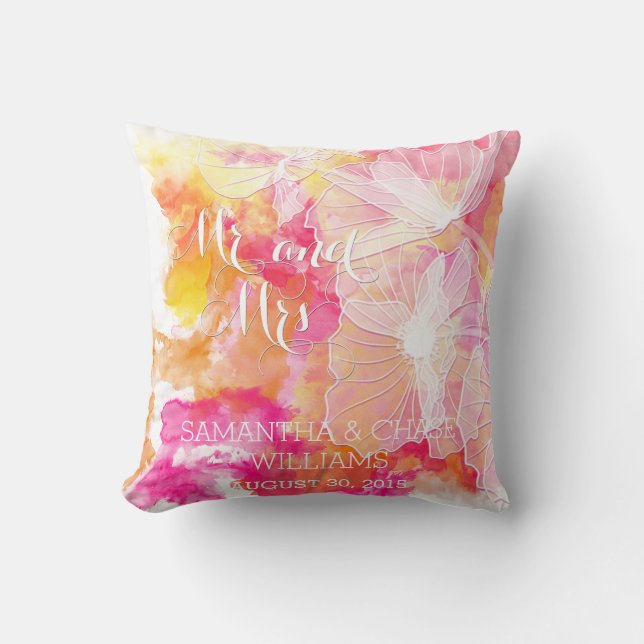 FIERY SUNSET WATERCOLOR HOLLYHOCK WEDDING PILLOW (Front)