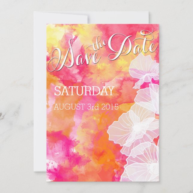 FIERY SUNSET WATERCOLOR HOLLYHOCK WEDDING SAVE THE DATE (Front)