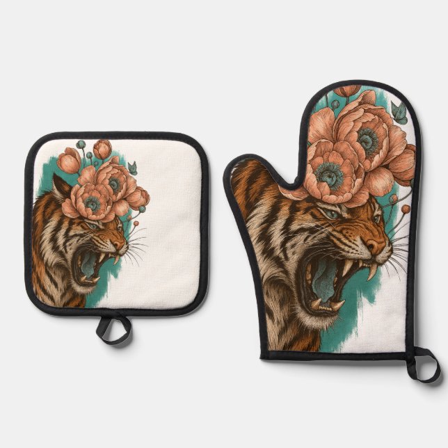 Fiery Tiger Bloom Oven Mitt & Pot Holder Set (Front)