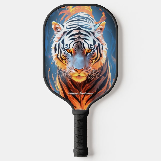 Fiery Tiger Orange & Blue Glowing Cool Style Pickleball Paddle (Front)