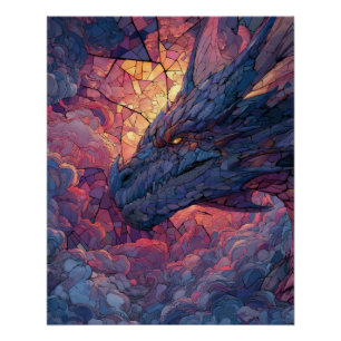 Fiery Twilight Cosmic Dragon Fantasy Art Poster