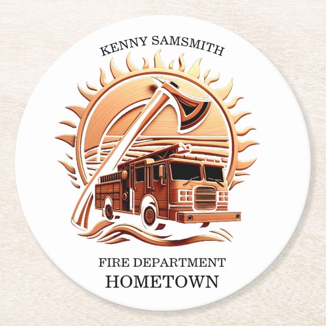 Fiery Valour Intricate Heroic Design Of Fire Truck Round Paper Coaster (Front)
