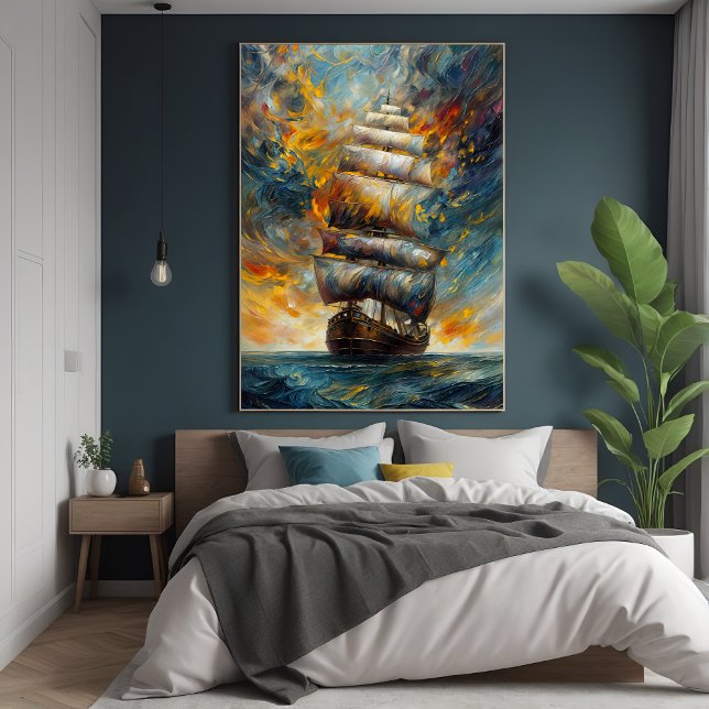 Fiery Voyage – Dramatic Sailing Ship at Sunset Art Poster (Creator Uploaded)