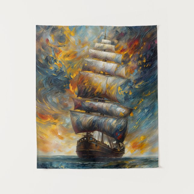 Fiery Voyage Dramatic Sailing Ship at Sunset Art Tapestry (Front)