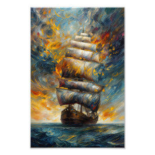 Fiery Voyage Dramatic Sailing Ship at Sunset Photo Print
