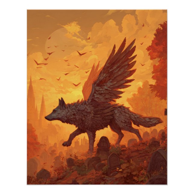 Fiery Winged Wolf in Sunset Blaze Poster (Front)
