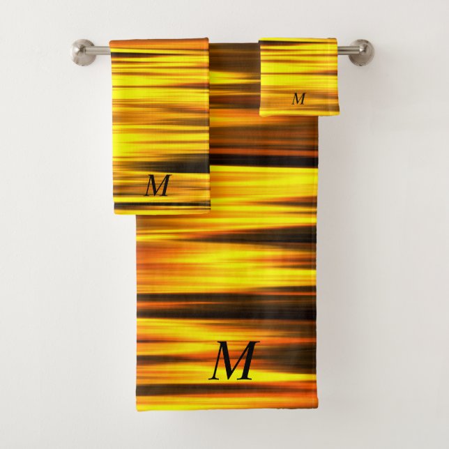 Fiery Yellow Orange Brown Abstract Design Monogram Bath Towel Set (Insitu)