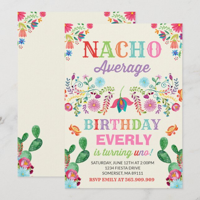 Fiesta 1st Birthday Invitation Nacho Average Party (Front/Back)