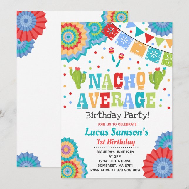 Fiesta 1st Birthday Invitation Nacho Average Party (Front/Back)