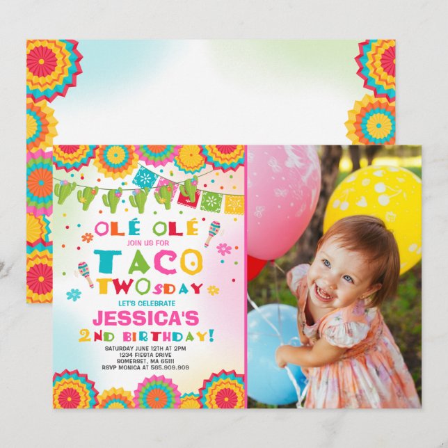 Fiesta 2e anniversaire Invitation Taco fête du Two (Devant / Derrière)