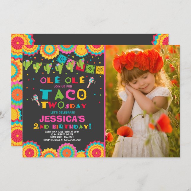 Fiesta 2e anniversaire Invitation Taco fête du Two (Devant / Derrière)
