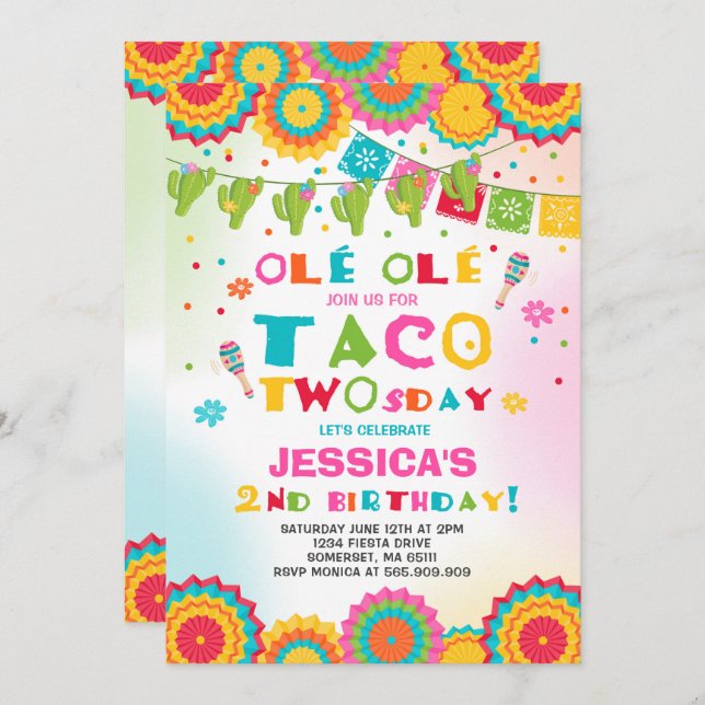 Fiesta 2nd Birthday Invitation Taco Twosday Party (Front/Back)
