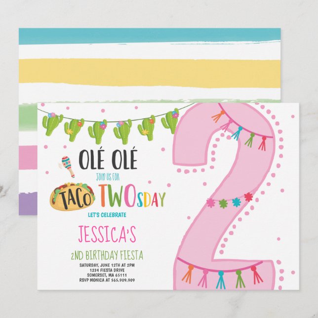 Fiesta 2nd Birthday Invitation Taco Twosday Party (Front/Back)