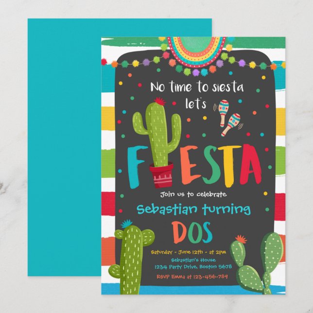Fiesta 2nd Birthday Party Mexican Cactus Party Invitation (Front/Back)