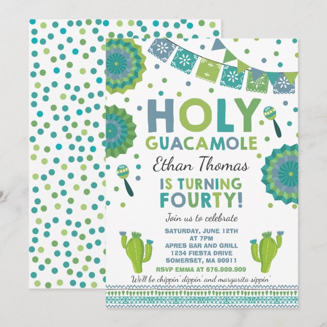 Fiesta 40th Birthday Invitation Holy Guacamole 40 (Front/Back)
