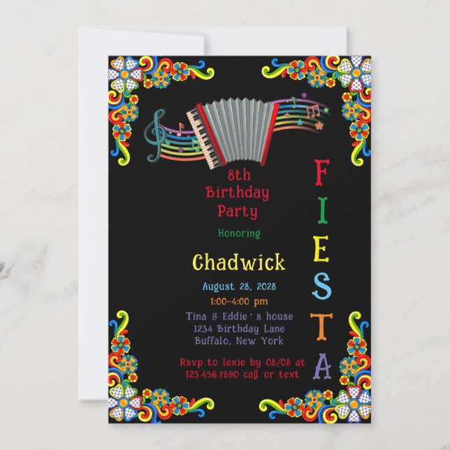 Fiesta Accordion Colourful Floral Birthday Party Invitation (Front)