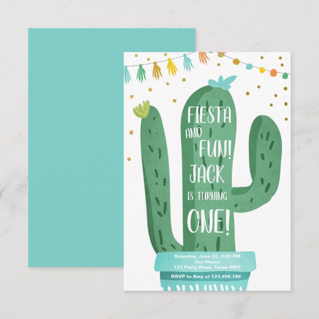 Fiesta and Fun Boy Blue Cactus 1st Birthday Invitation (Front/Back)