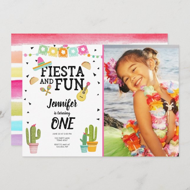 Fiesta and Fun Cactus Mexican Girl First Birthday Invitation (Front/Back)