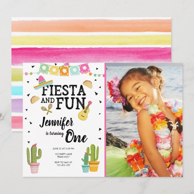 Fiesta and Fun Cactus Mexican Girl First Birthday Invitation (Front/Back)
