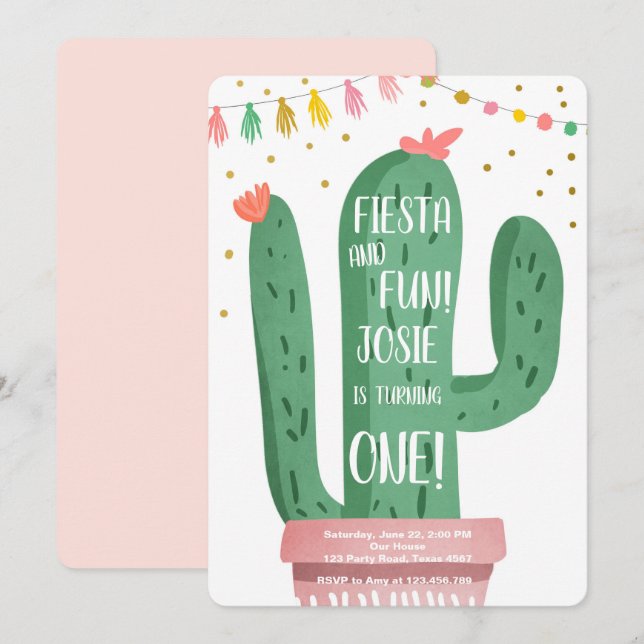 Fiesta and Fun Girl Pink Cactus 1st Birthday Invitation (Front/Back)