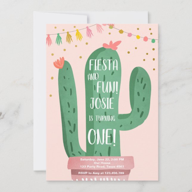 Fiesta and Fun Girl Pink Cactus 1st Birthday Invitation (Front)