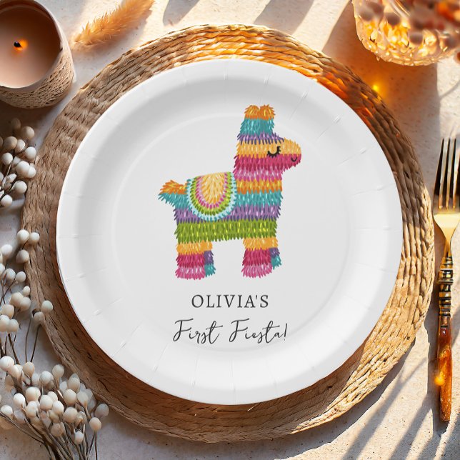 Fiesta and Fun Piñata Llama Girl First Birthday Paper Plate (Creator Uploaded)