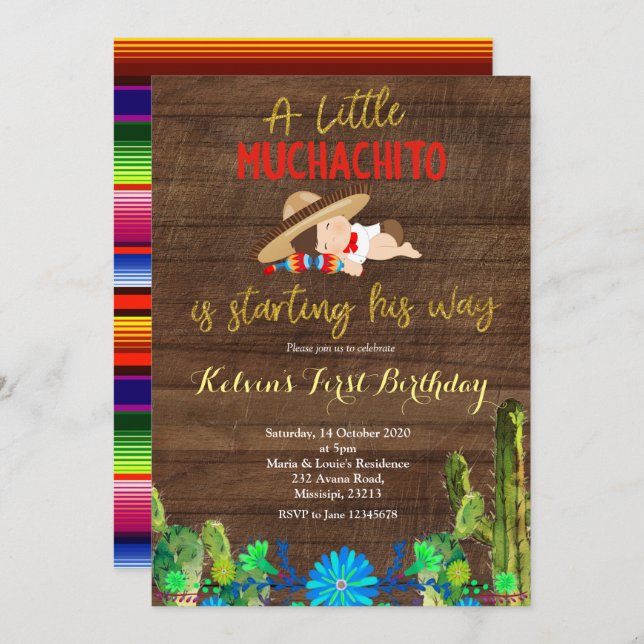 Fiesta  Baby Muchacho First Birthday Invitation (Front/Back)