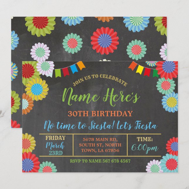 Fiesta Birthday Floral Mexican Fans Bright Invitation (Front/Back)