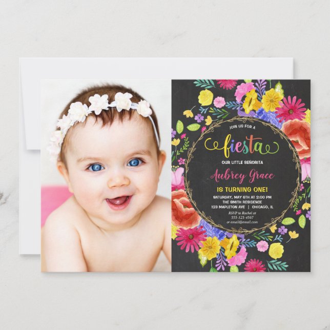 Fiesta birthday girl floral watercolors photo invitation (Front)
