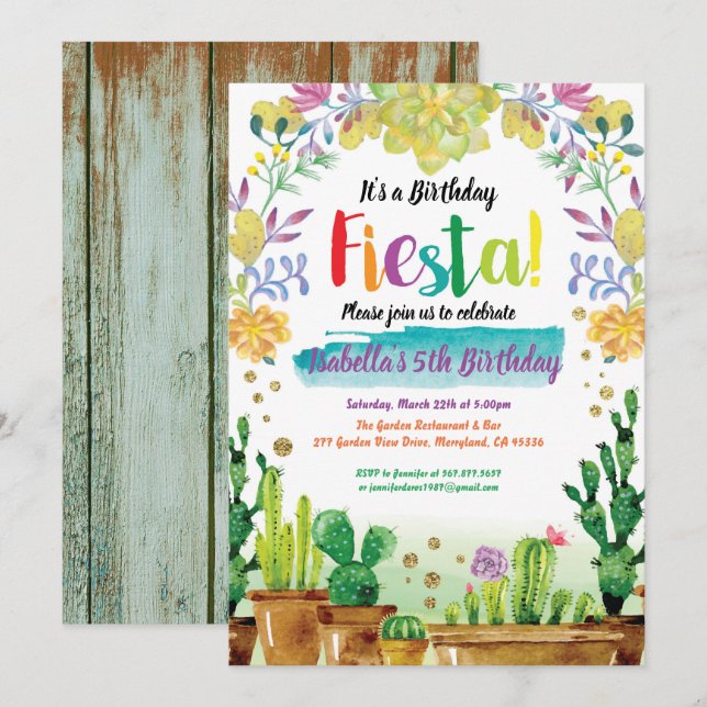 Fiesta birthday party invitation with cactus (Front/Back)