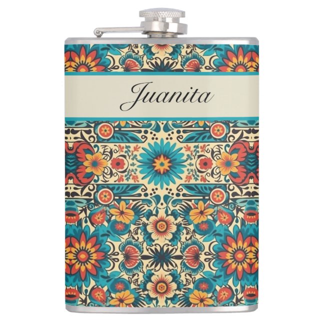 Fiesta Blooms, customizable Hip Flask (Front)