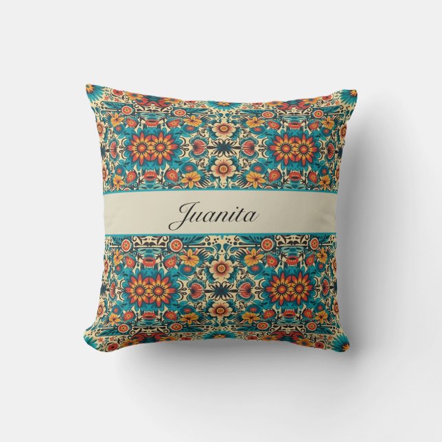 Fiesta Blooms, customizable Throw Pillow (Front)