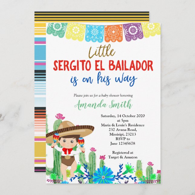 Fiesta Boy Baby shower Invitation Garçon (Devant / Derrière)