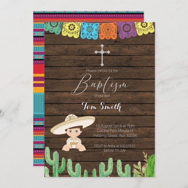 Fiesta Boy Baptism Christening Invitation card (Front/Back)
