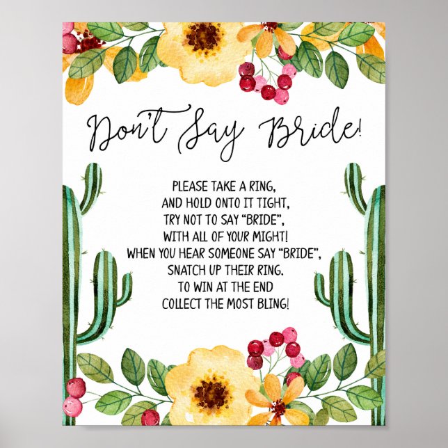 Fiesta Bridal Shower Don't Say Bride Game Sign (Front)