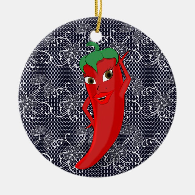 Fiesta Bridal Shower With Red Hot Pepper Diva Ceramic Ornament (Front)