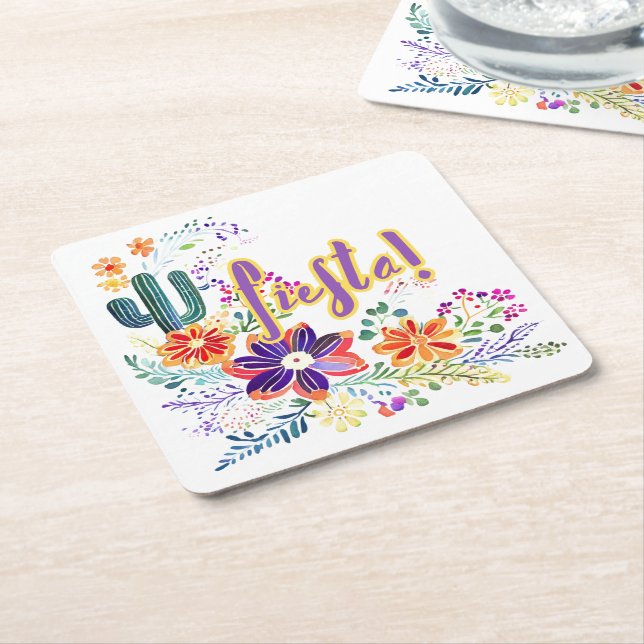 FIESTA Cacti Folkart Flowers Custom Square Paper Coaster (Angled)