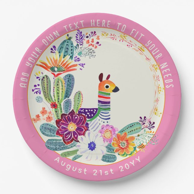 FIESTA Cacti Llama FolkFlowers Pink Custom Paper Plate (Front)