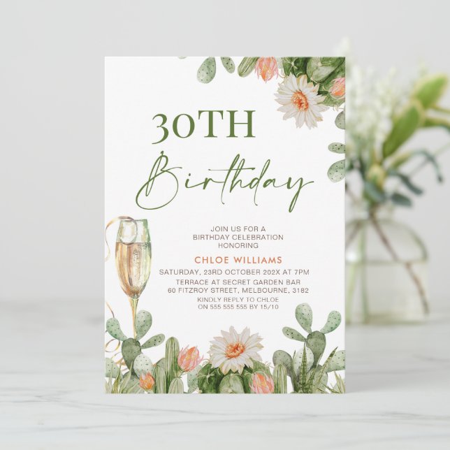 Fiesta Cactus Champagne Glass Birthday Invitation (Standing Front)
