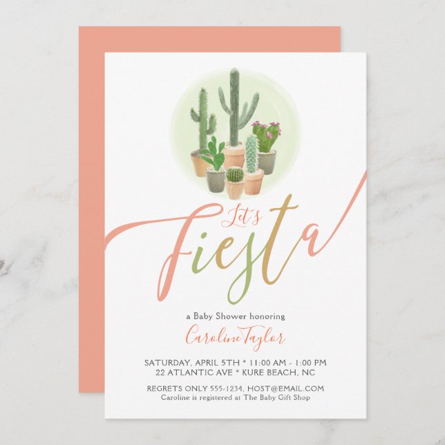 Fiesta Cactus Coral Sage Green Baby Shower Invitat Invitation (Front/Back)