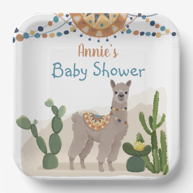 Fiesta Cactus Llama Baby Shower  Paper Plate (Front)