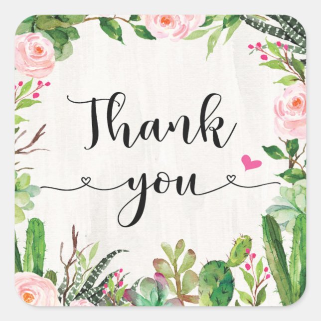 Fiesta Cactus Pink Floral Thank You Sticker (Front)