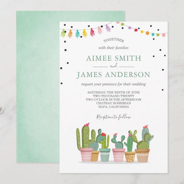 Fiesta Cactus Succulent Watercolor Pastel Wedding Invitation (Front/Back)