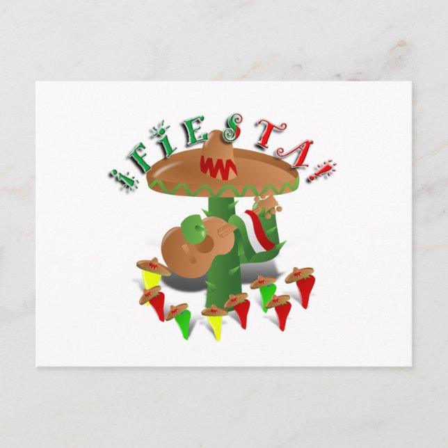 Fiesta Cactus w/Sombrero & Guitar Postcard (Front)