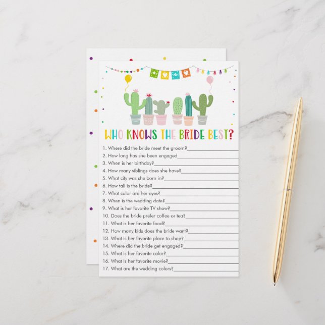 Fiesta Cactus Who Knows The Bride Best Game (Front/Back In Situ)