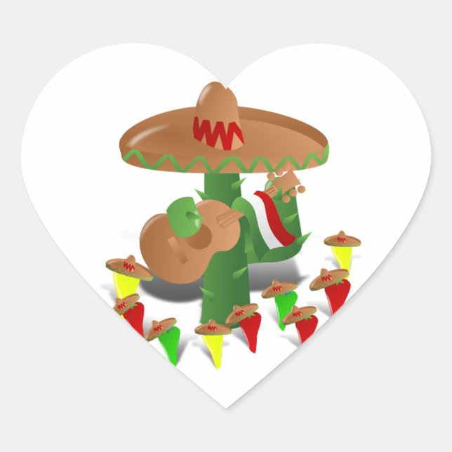 Fiesta Cactus with Guitar & Dancing Peppers Heart Sticker (Front)