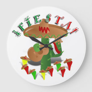 Fiesta Cactus with Guitar & Dancing Peppers Large Clock