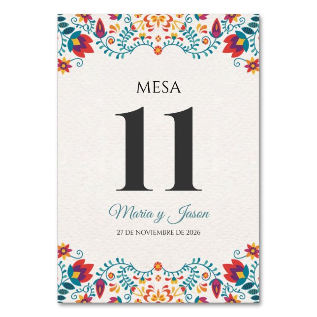 Fiesta Colorful Floral Spanish Wedding Table Number (Front)