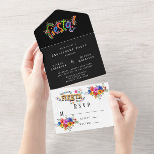 Fiesta Colourful Watercolor Floral Engagement Part All In One Invitation